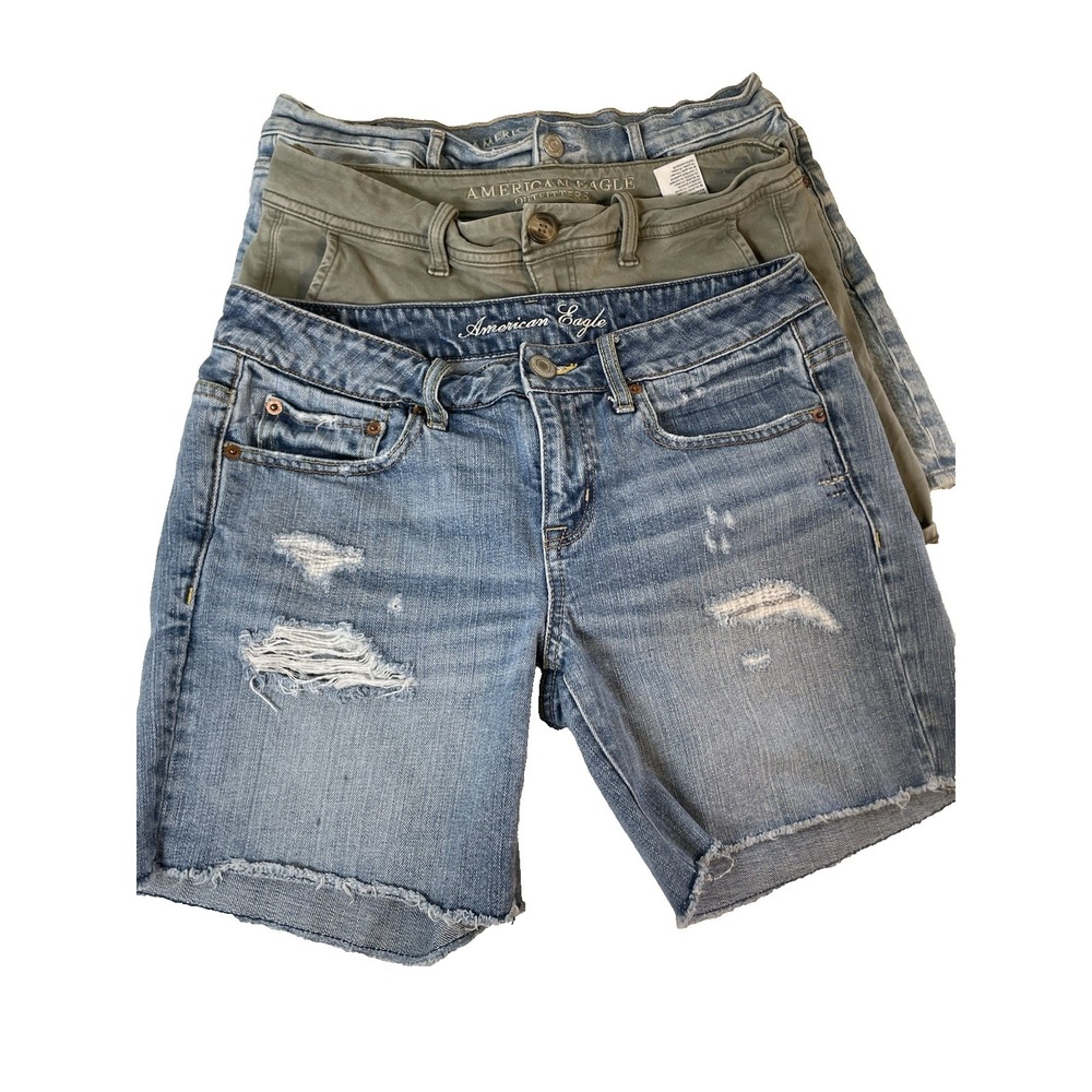 Bundle American Eagle Women's Blue Jean Shorts 4 Stretch Strigid Green Denim AE